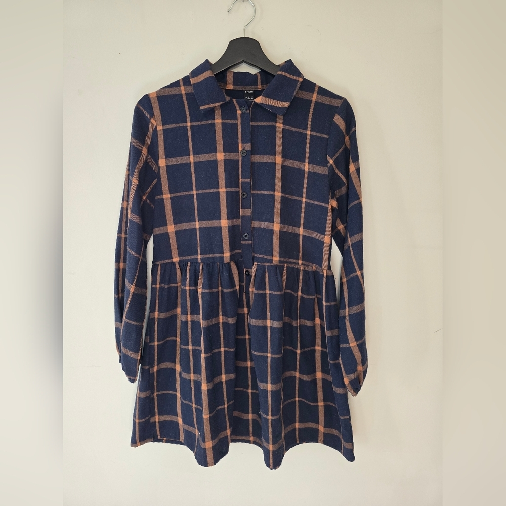 Navy and Tan Plaid Long-Sleeve Collared Dress